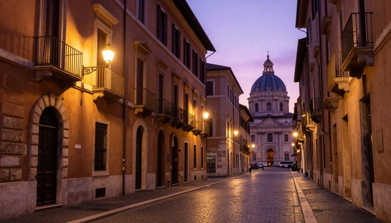 Via del Corso a Roma al tramonto con facciate in travertino