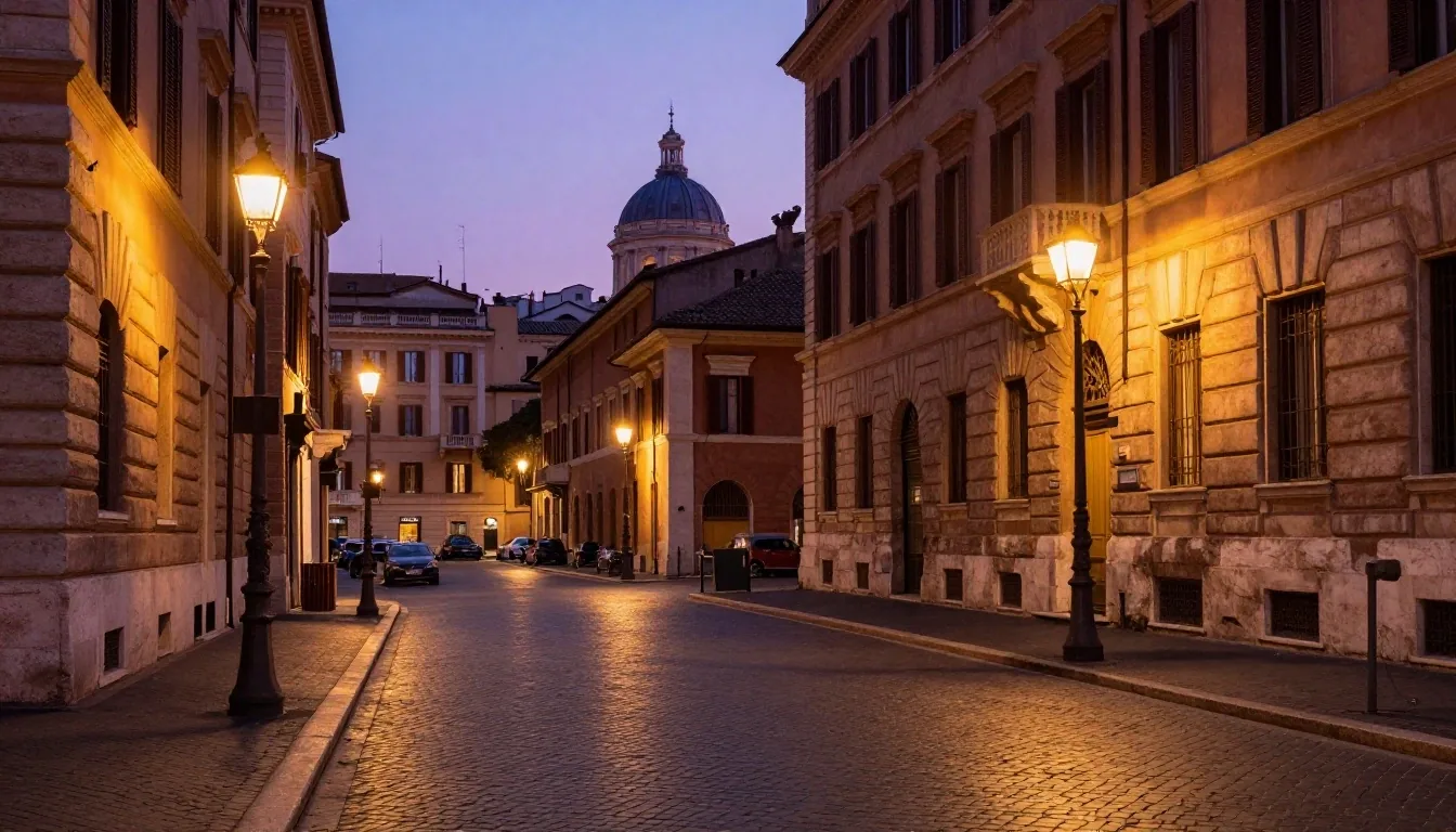 Via del Corso a Roma al tramonto con facciate in travertino