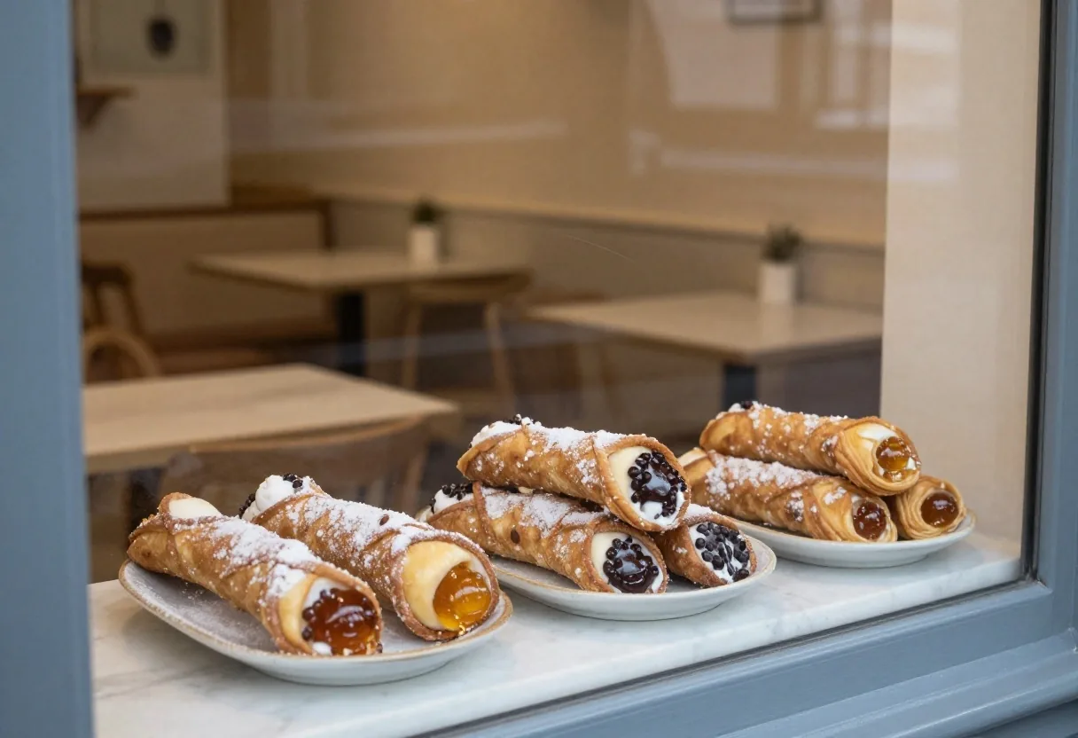 Cannoli siciliani, sfogliatelle e seadas su un tavolo