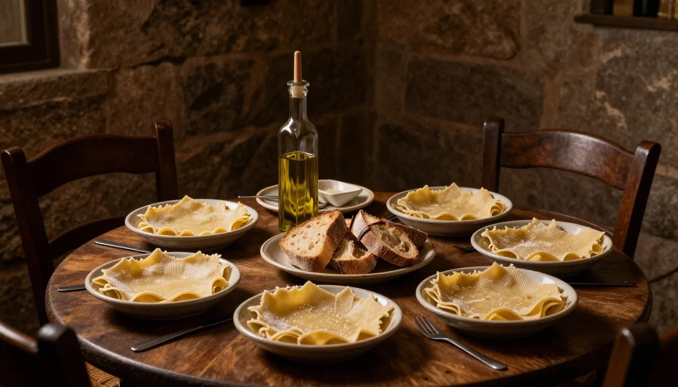 Tavola di osteria romana al tramonto con pasta e pane
