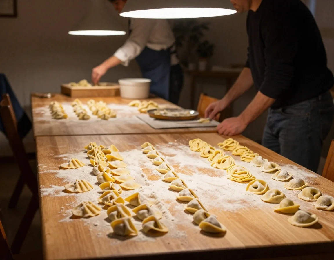 Tortellini e tagliatelle fresche in un laboratorio in Emilia-Romagna