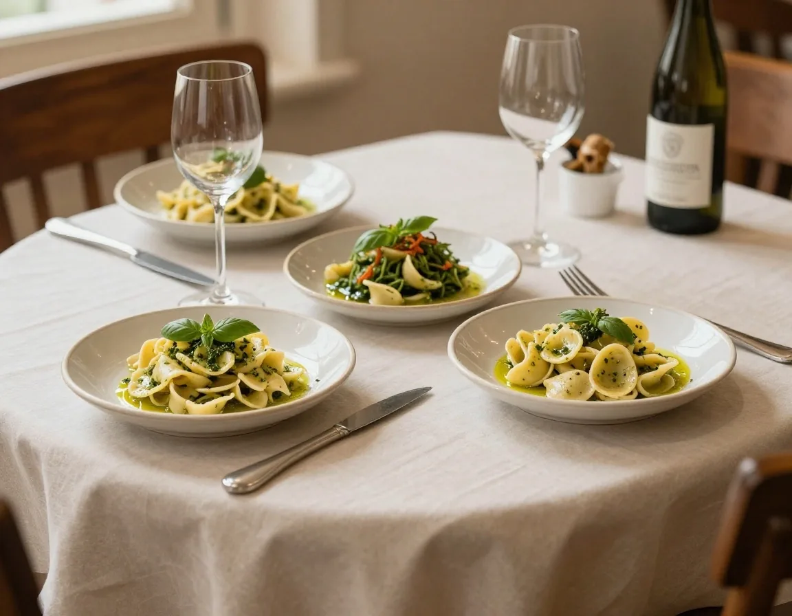 Trofie al pesto e orecchiette con cime di rapa in tavola