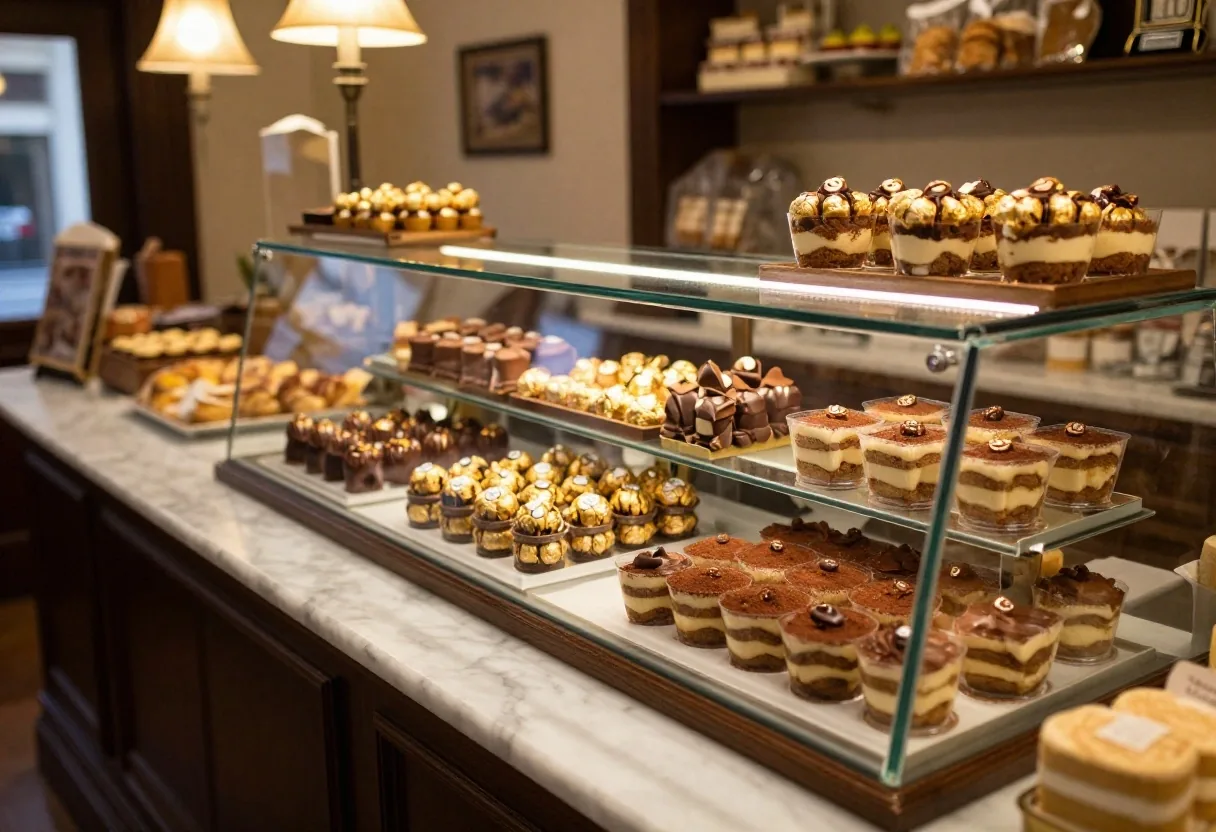 Vetrina di pasticceria con gianduiotti e tiramisù