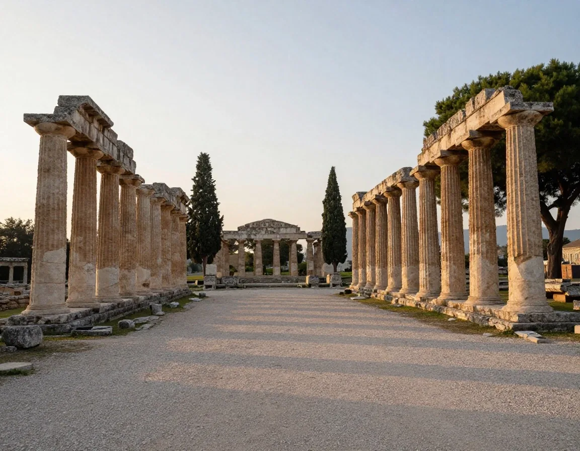 Area archeologica con pietre antiche e cipressi