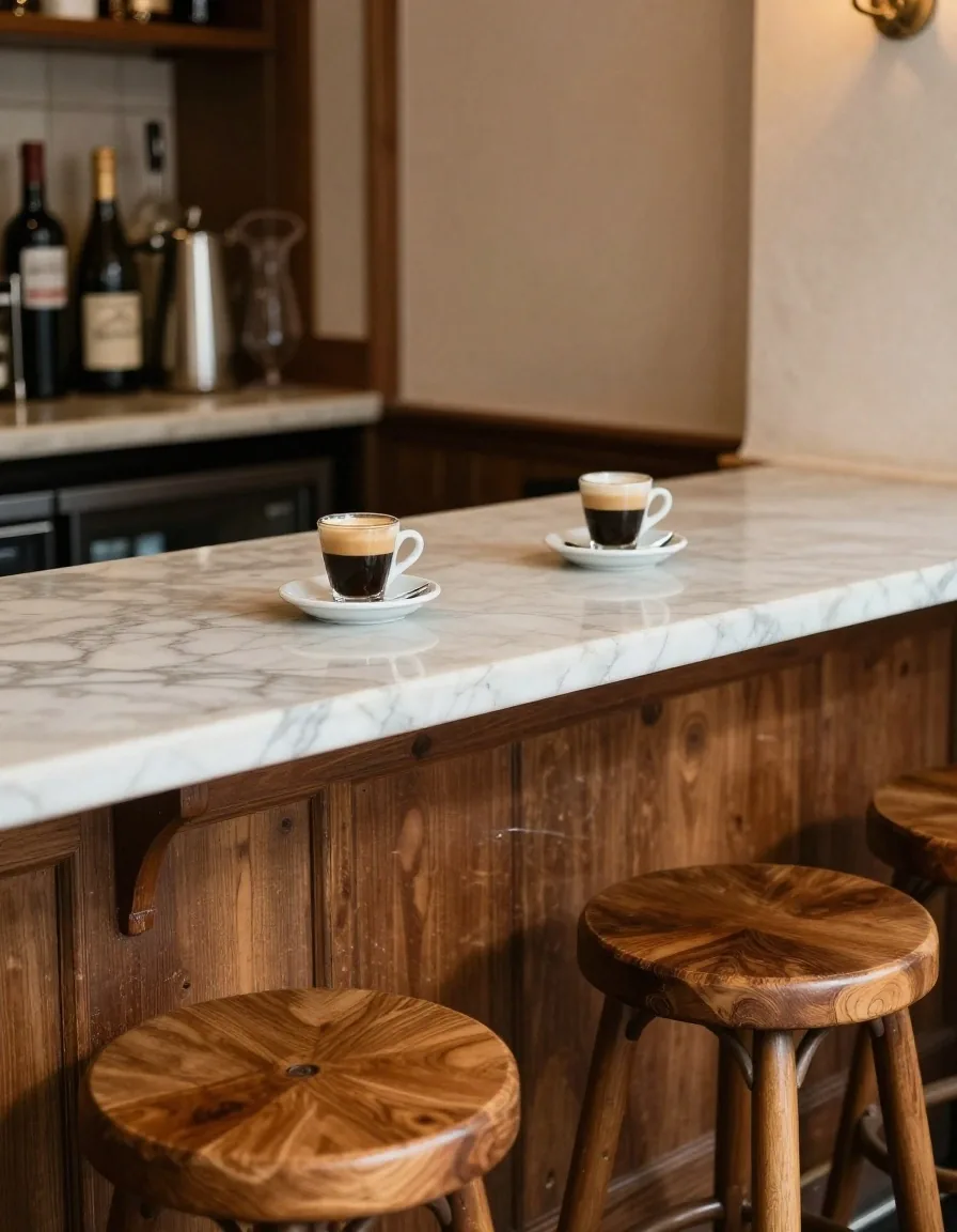 Banco di un bar di quartiere con tazzine di caffè