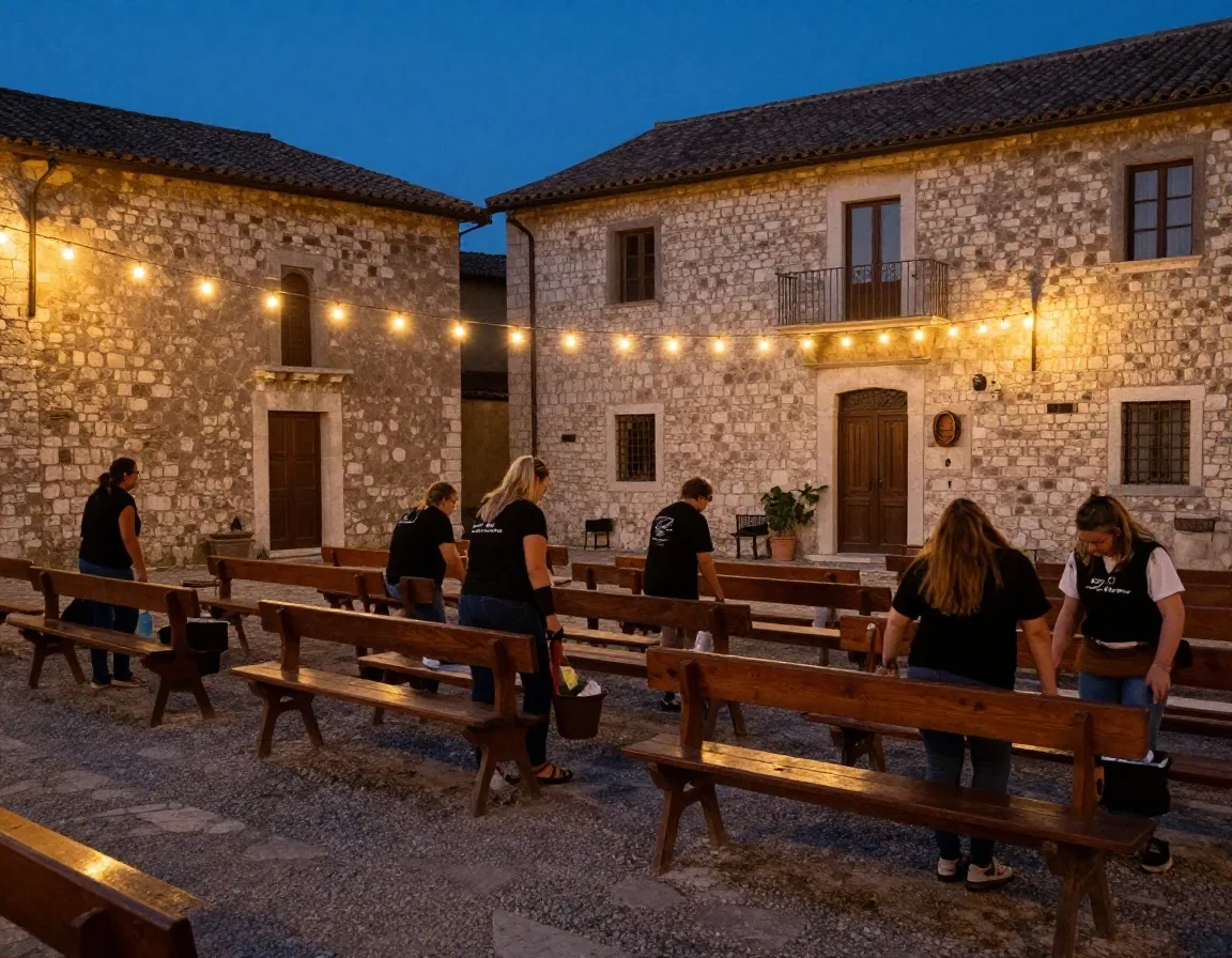 Tavoli di una sagra di paese illuminati la sera