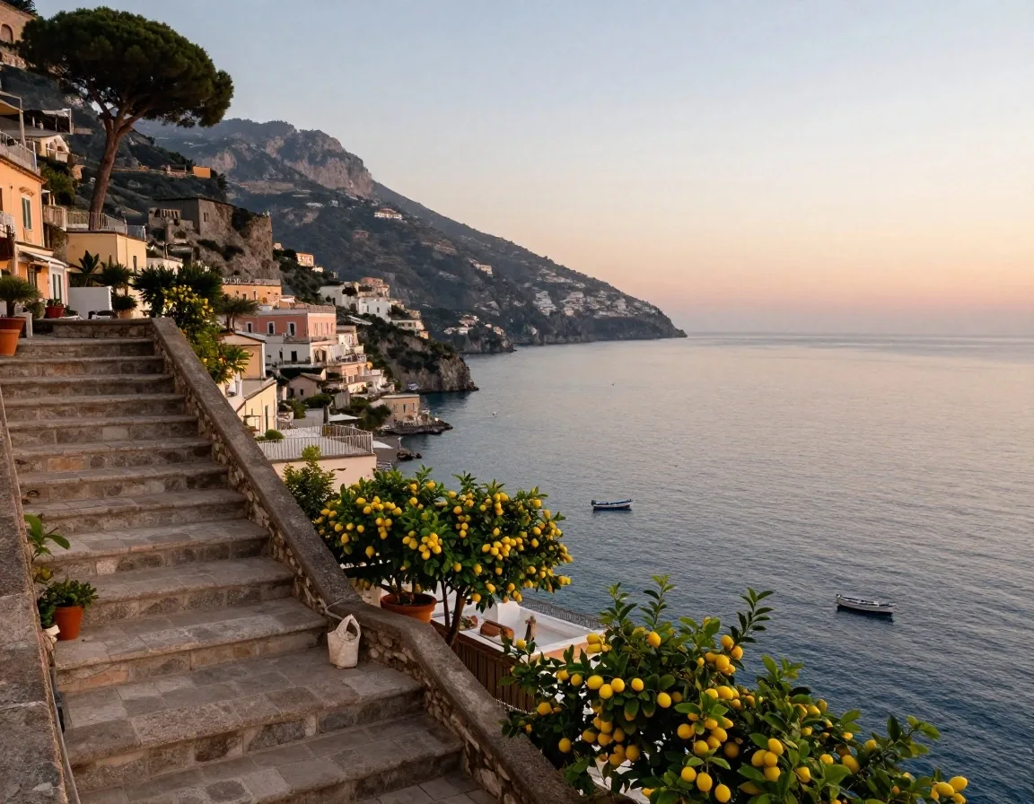 Costiera amalfitana con case e mare al tramonto