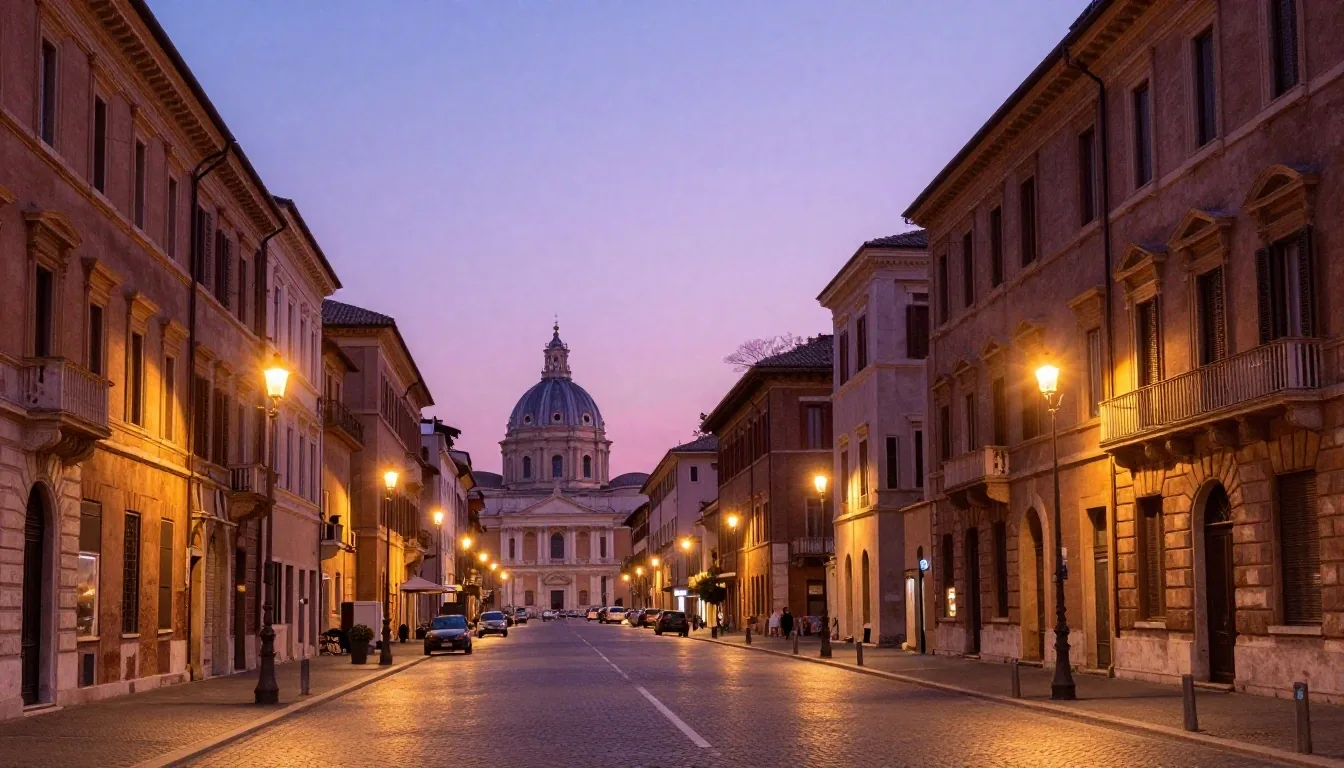 Via del Corso a Roma al tramonto con cielo color fucsia