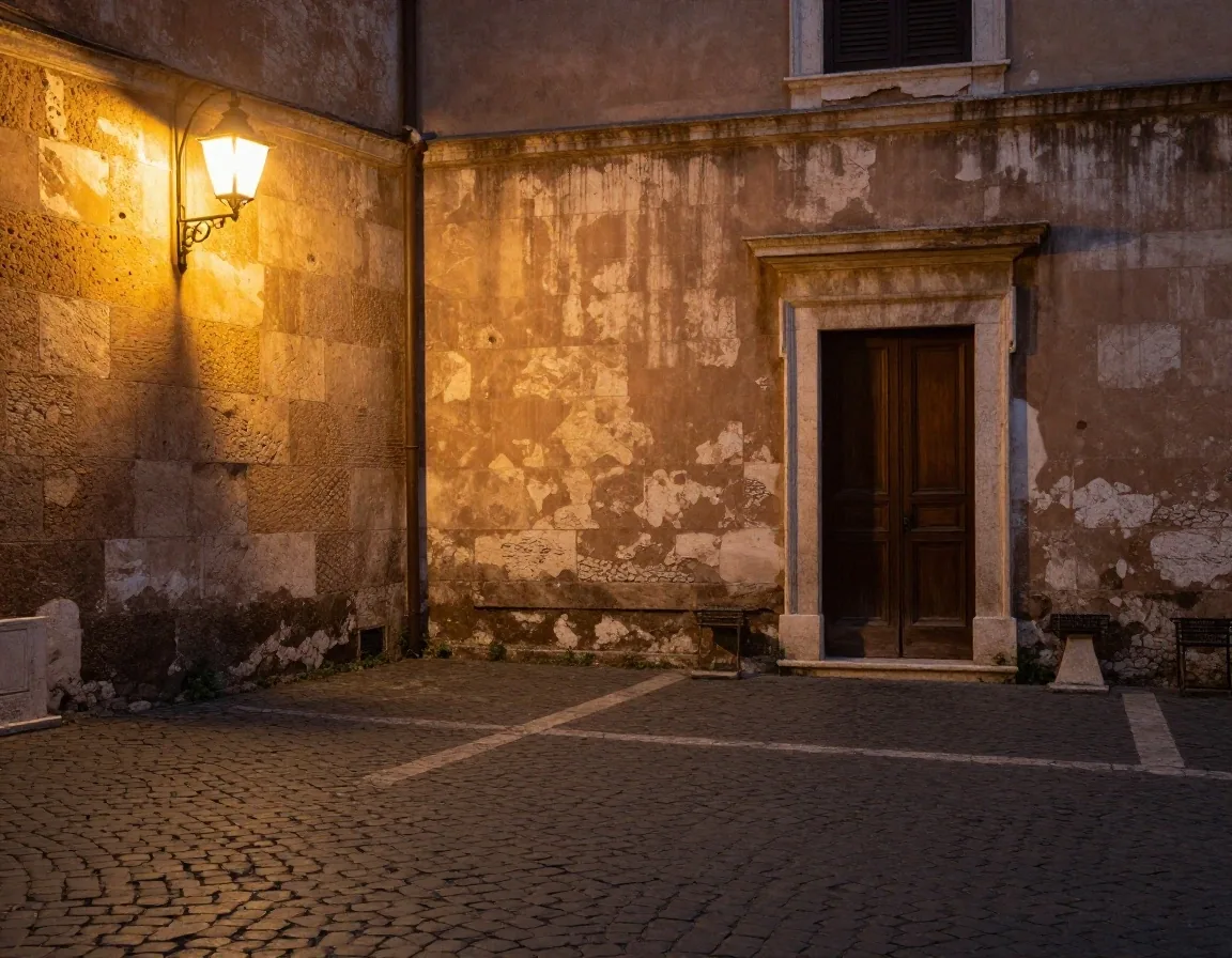 Cortile in pietra a Roma con luce calda della sera
