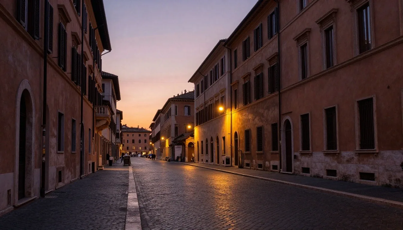 Via del Corso a Roma al tramonto con cielo color fucsia