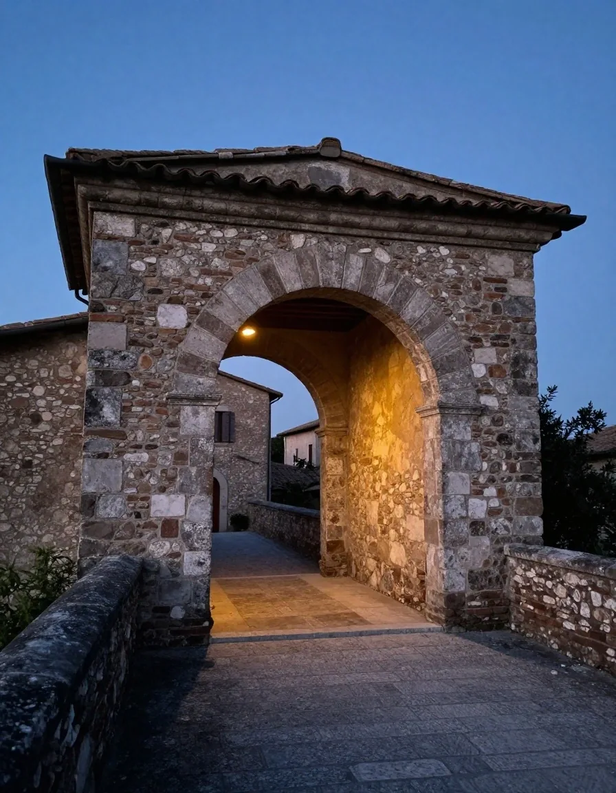 Arco in pietra in un borgo italiano al tramonto