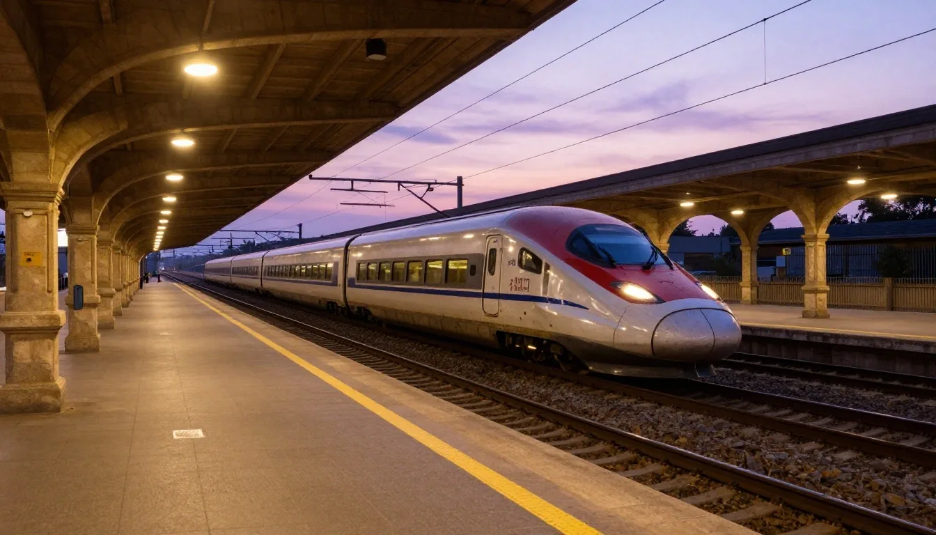 Stazione italiana al tramonto con treno in arrivo