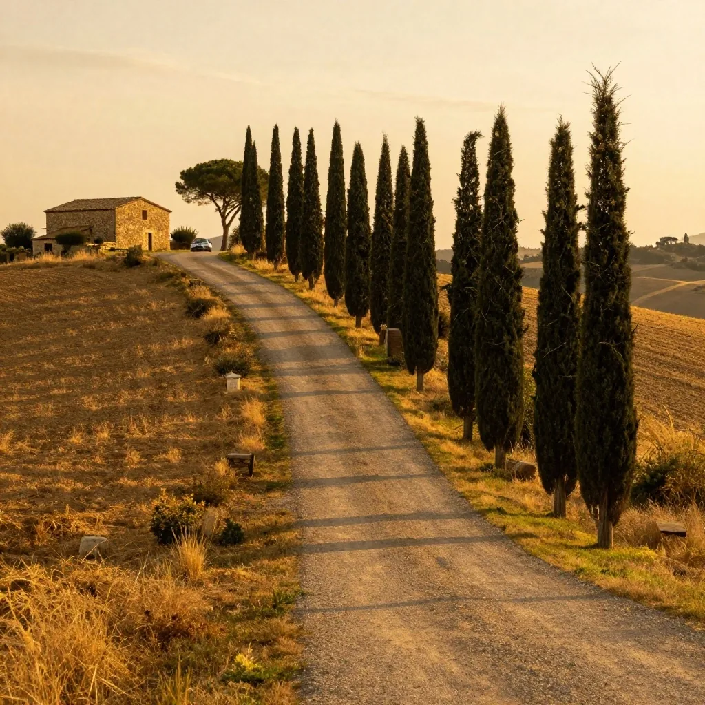 Strada collinare in Toscana nel pomeriggio